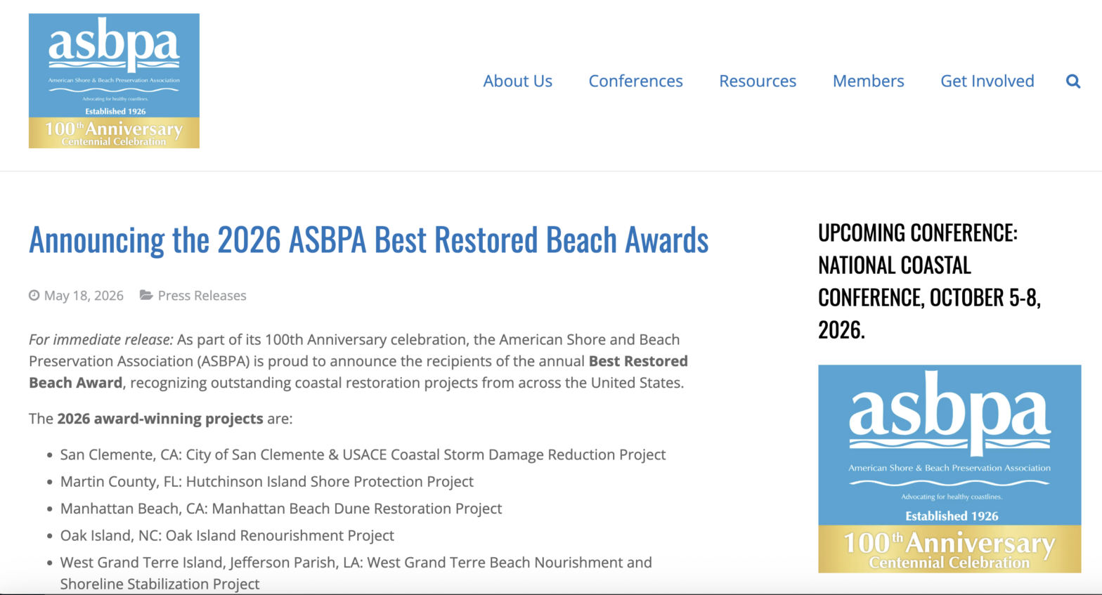 ASPBA website announcing awards
